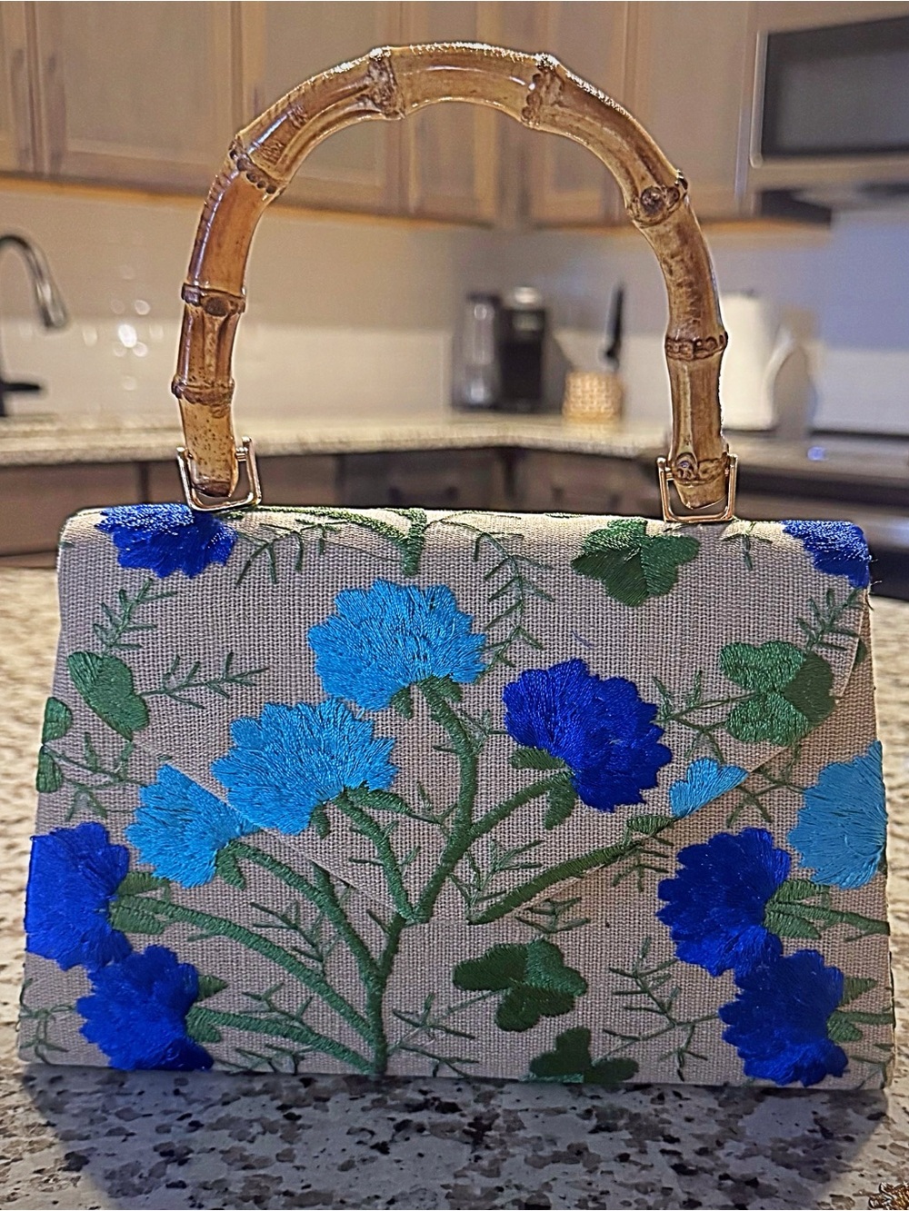 Embroidered Blue Floral Bamboo-Handle Handbag
